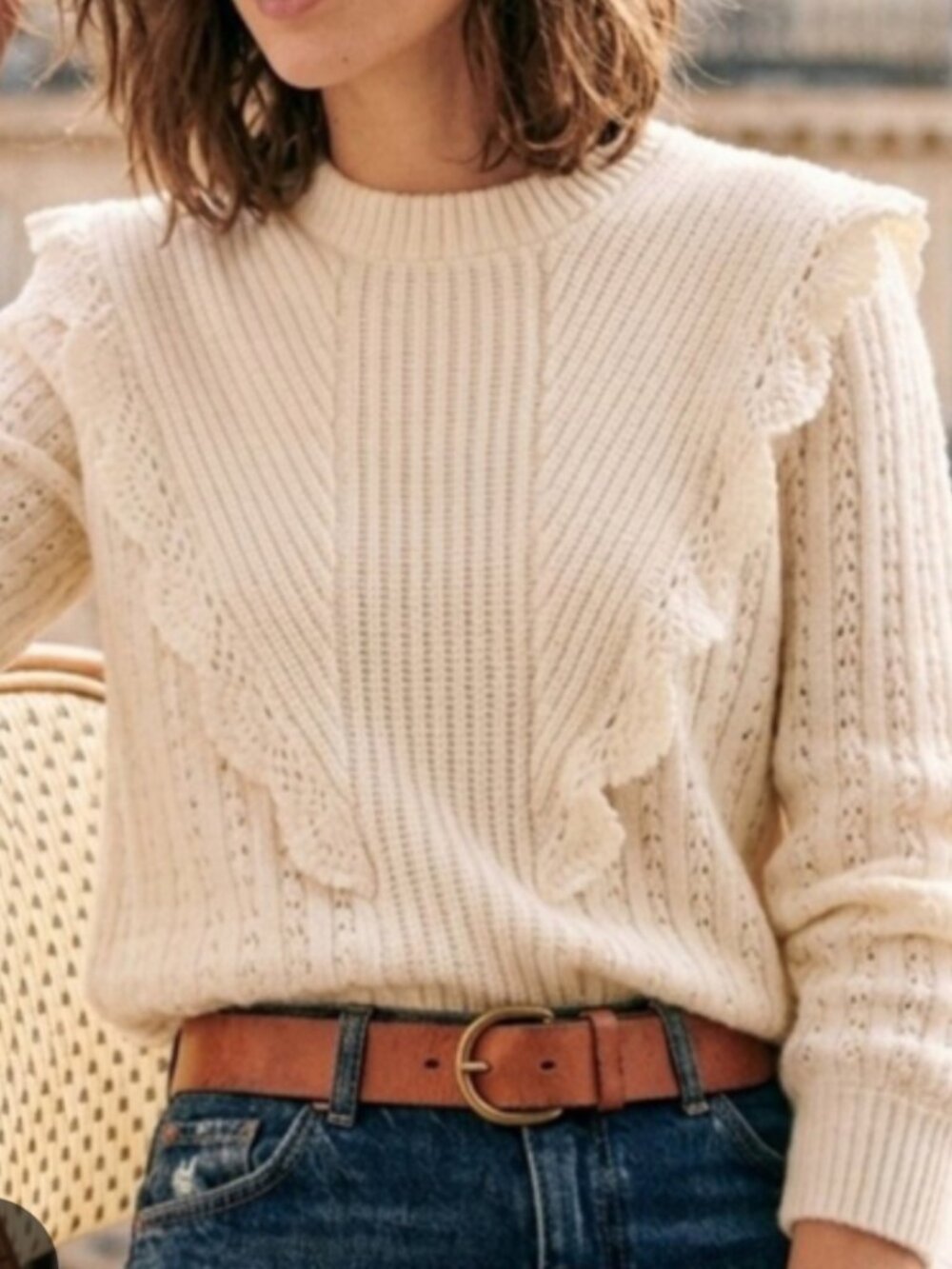 🌟 SEZANE 🌟  DOMI RUFFLE MIXED STITCH WOOL BLEND SWEATER IVORY SZ S